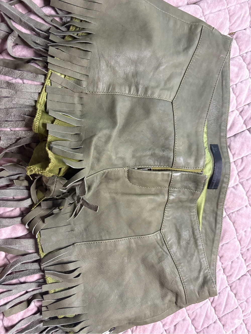 One Teaspoon Olive Fringe Leather Skort